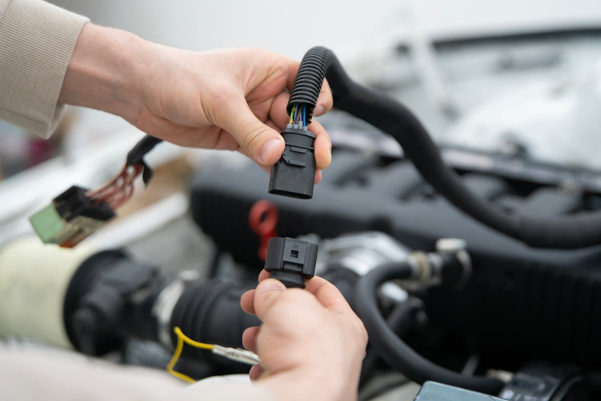 Mechanic servicing vehicle engine in workshop